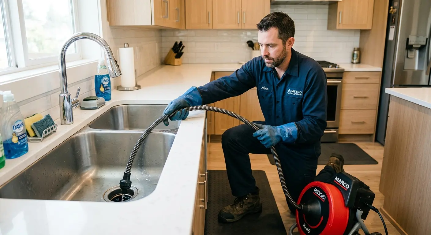 Drain cleaning technician using a motorized snake on a kitchen sink in Santa Ana