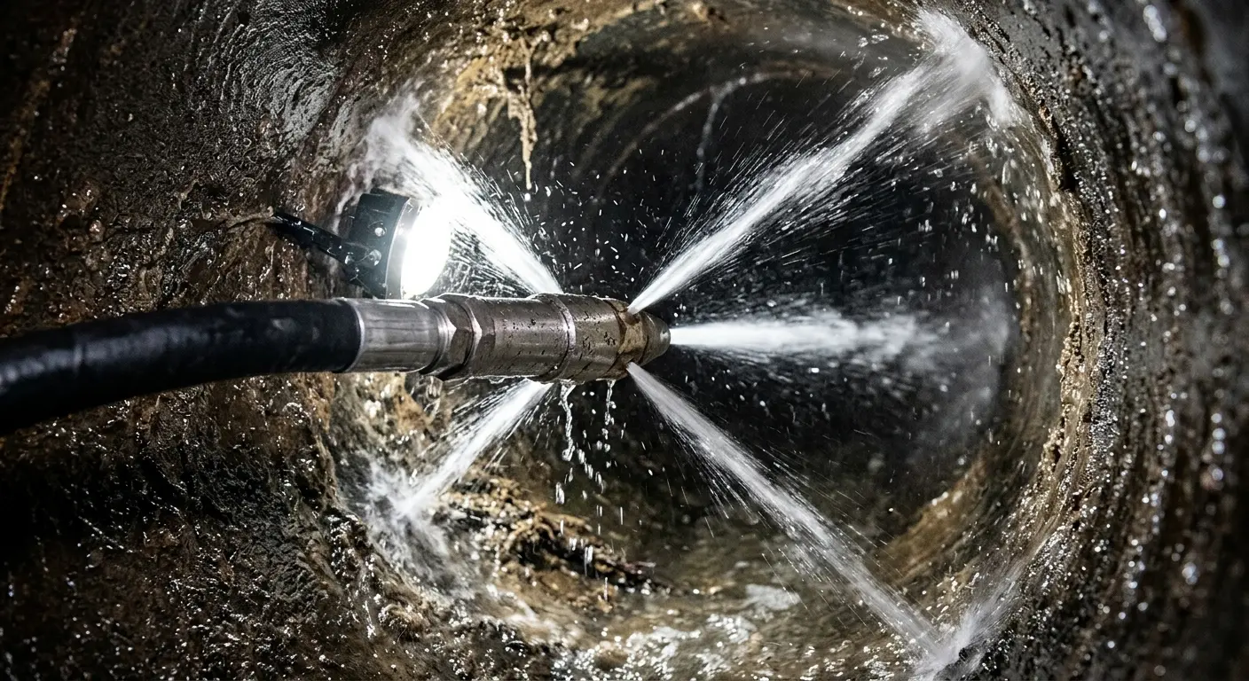 High-pressure hydro jetting nozzle cleaning sewer pipe for Emergency Drain Service in Santa Ana
