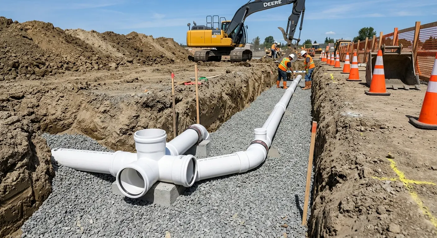New PVC sewer pipe installation in open trench for Sewer Backup in Santa Ana