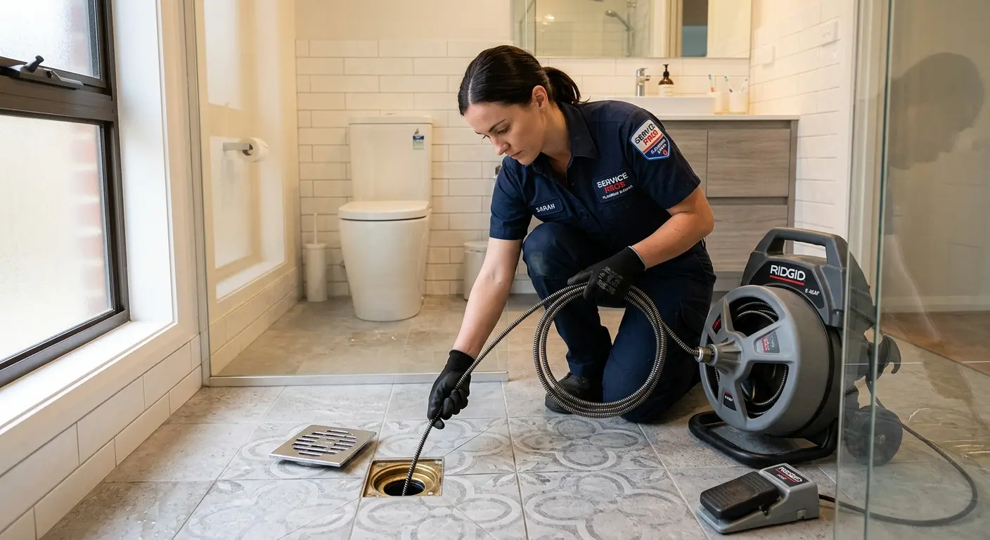 Technician clearing a bathroom floor drain for Sewer Line Replacement in Santa Ana